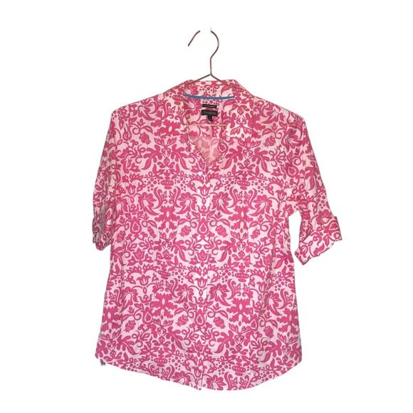 Talbots size 8 Pink floral Boho Short cuffed Sleeve Button Down Shirt - Picture 1 of 7